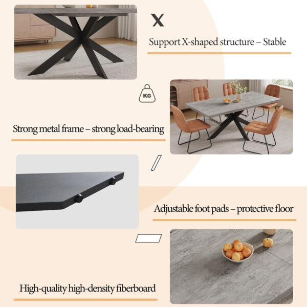 ZckyCine 6-8 Person Modern Rectangular Dining Table Set, 51-67 Inch Expandable Space-Saving Metal Frame Dining Table with Gray Table and 6 Black Chairs for Kitchen or Dining Room