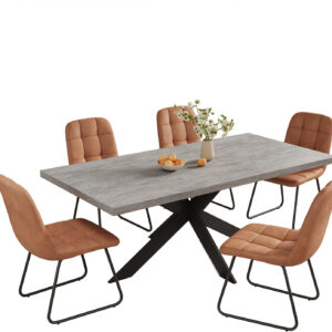 ZckyCine 6-8 Person Modern Rectangular Dining Table Set, 51-67 Inch Expandable Space-Saving Metal Frame Dining Table with Gray Table and 6 Black Chairs for Kitchen or Dining Room