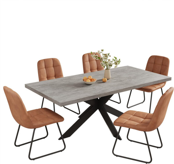 ZckyCine 6-8 Person Modern Rectangular Dining Table Set, 51-67 Inch Expandable Space-Saving Metal Frame Dining Table with Gray Table and 6 Black Chairs for Kitchen or Dining Room