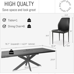 ZckyCine 6-8 Person Modern Rectangular Dining Table Set, 51-67 Inch Expandable Space-Saving Metal Frame Dining Table with Gray Table and 6 Black Chairs for Kitchen or Dining Room