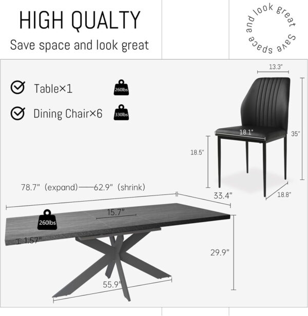ZckyCine 6-8 Person Modern Rectangular Dining Table Set, 51-67 Inch Expandable Space-Saving Metal Frame Dining Table with Gray Table and 6 Black Chairs for Kitchen or Dining Room