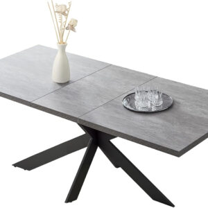 ZckyCine 6-8 Person Modern Rectangular Dining Table Set, 51-67 Inch Expandable Space-Saving Metal Frame Dining Table with Gray Table and 6 Black Chairs for Kitchen or Dining Room