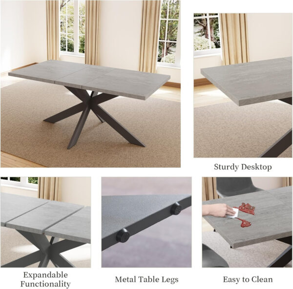 ZckyCine 6-8 Person Modern Rectangular Dining Table Set, 51-67 Inch Expandable Space-Saving Metal Frame Dining Table with Gray Table and 6 Black Chairs for Kitchen or Dining Room