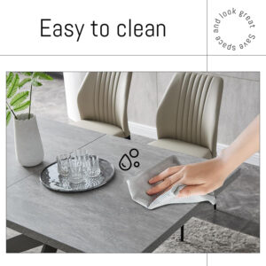 ZckyCine 6-8 Person Modern Rectangular Dining Table Set, 51-67 Inch Expandable Space-Saving Metal Frame Dining Table with Gray Table and 6 Black Chairs for Kitchen or Dining Room