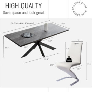 ZckyCine 6-8 Person Modern Rectangular Dining Table Set, 51-67 Inch Expandable Space-Saving Metal Frame Dining Table with Gray Table and 6 Black Chairs for Kitchen or Dining Room