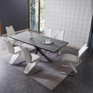 ZckyCine 6-8 Person Modern Rectangular Dining Table Set, 51-67 Inch Expandable Space-Saving Metal Frame Dining Table with Gray Table and 6 Black Chairs for Kitchen or Dining Room