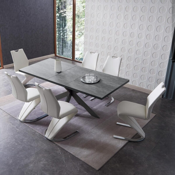 ZckyCine 6-8 Person Modern Rectangular Dining Table Set, 51-67 Inch Expandable Space-Saving Metal Frame Dining Table with Gray Table and 6 Black Chairs for Kitchen or Dining Room