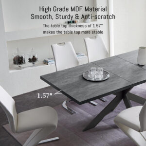 ZckyCine 6-8 Person Modern Rectangular Dining Table Set, 51-67 Inch Expandable Space-Saving Metal Frame Dining Table with Gray Table and 6 Black Chairs for Kitchen or Dining Room