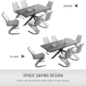 ZckyCine 6-8 Person Modern Rectangular Dining Table Set, 51-67 Inch Expandable Space-Saving Metal Frame Dining Table with Gray Table and 6 Black Chairs for Kitchen or Dining Room