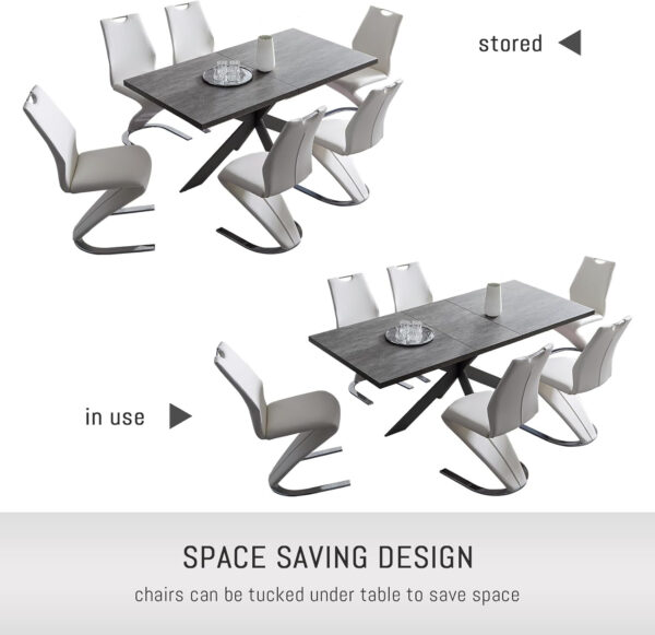 ZckyCine 6-8 Person Modern Rectangular Dining Table Set, 51-67 Inch Expandable Space-Saving Metal Frame Dining Table with Gray Table and 6 Black Chairs for Kitchen or Dining Room