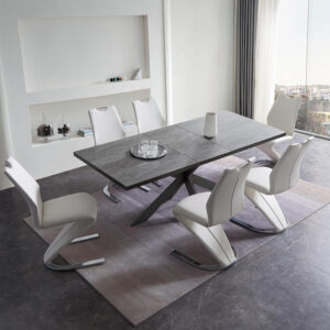 ZckyCine 6-8 Person Modern Rectangular Dining Table Set, 51-67 Inch Expandable Space-Saving Metal Frame Dining Table with Gray Table and 6 Black Chairs for Kitchen or Dining Room