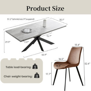 ZckyCine 6-8 Person Modern Rectangular Dining Table Set, 51-67 Inch Expandable Space-Saving Metal Frame Dining Table with Gray Table and 6 Black Chairs for Kitchen or Dining Room