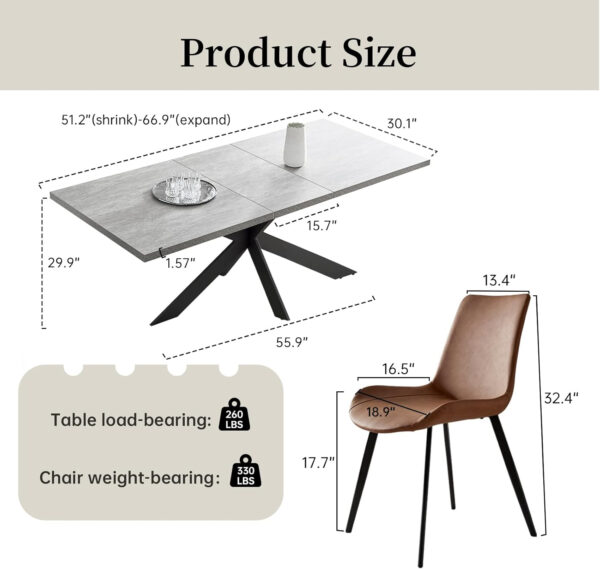 ZckyCine 6-8 Person Modern Rectangular Dining Table Set, 51-67 Inch Expandable Space-Saving Metal Frame Dining Table with Gray Table and 6 Black Chairs for Kitchen or Dining Room