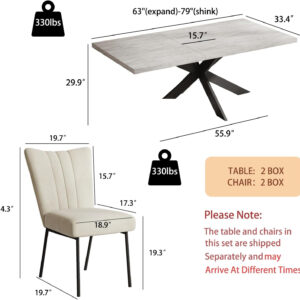 ZckyCine 6-8 Person Modern Rectangular Dining Table Set, 51-67 Inch Expandable Space-Saving Metal Frame Dining Table with Gray Table and 6 Black Chairs for Kitchen or Dining Room