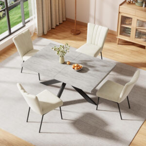 ZckyCine 6-8 Person Modern Rectangular Dining Table Set, 51-67 Inch Expandable Space-Saving Metal Frame Dining Table with Gray Table and 6 Black Chairs for Kitchen or Dining Room