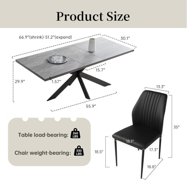 ZckyCine 6-8 Person Modern Rectangular Dining Table Set, 51-67 Inch Expandable Space-Saving Metal Frame Dining Table with Gray Table and 6 Black Chairs for Kitchen or Dining Room