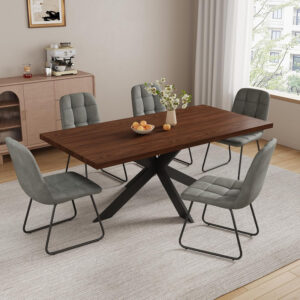 ZckyCine 6-8 Person Modern Rectangular Dining Table Set, 51-67 Inch Expandable Space-Saving Metal Frame Dining Table with Gray Table and 6 Black Chairs for Kitchen or Dining Room