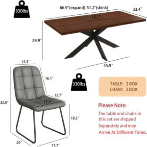 ZckyCine 6-8 Person Modern Rectangular Dining Table Set, 51-67 Inch Expandable Space-Saving Metal Frame Dining Table with Gray Table and 6 Black Chairs for Kitchen or Dining Room