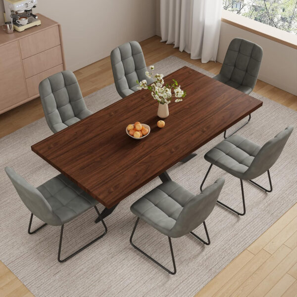 ZckyCine 6-8 Person Modern Rectangular Dining Table Set, 51-67 Inch Expandable Space-Saving Metal Frame Dining Table with Gray Table and 6 Black Chairs for Kitchen or Dining Room