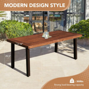 Devoko Home Acacia Wood Dining Table 6-Person Indoor Outdoor Table with Iron Legs, Sandblast Finish, Natural Stained, Rustic Metal, 69 * 33 * 30 inch (Natural)