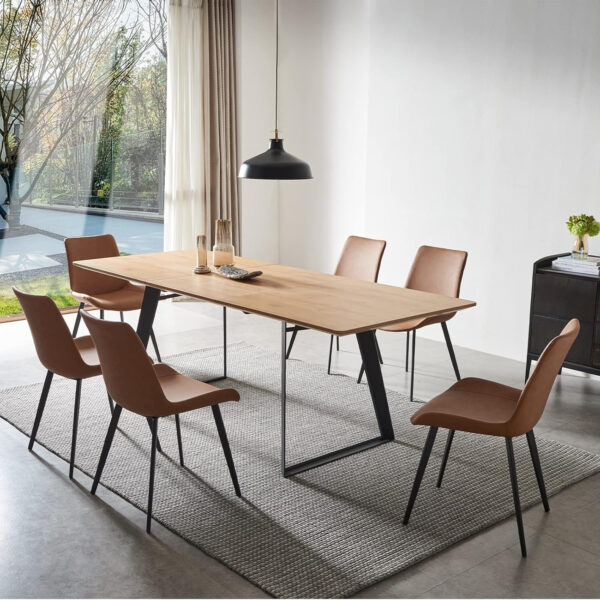 ZckyCine 67" Modern Rectangular Wooden Dining Table Set with 6 Brown Leather Chairs - Expandable, Space-Saving, Multifunctional