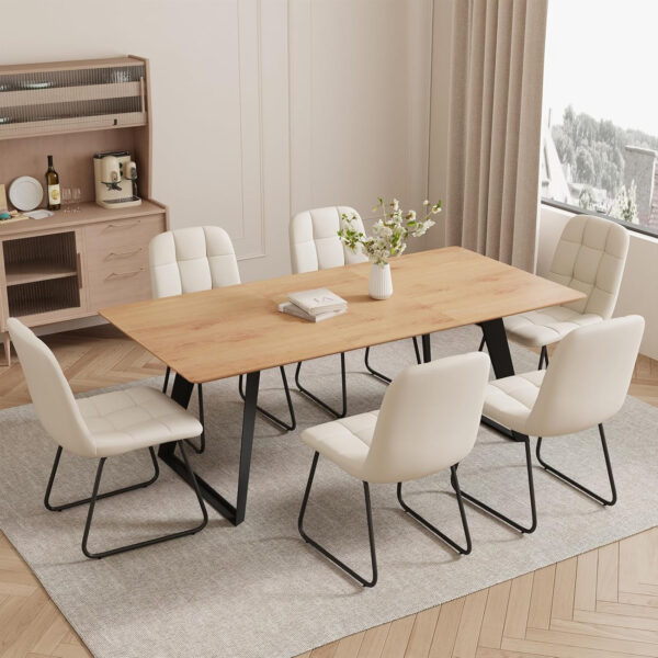 ZckyCine 67" Modern Rectangular Wooden Dining Table Set with 6 Brown Leather Chairs - Expandable, Space-Saving, Multifunctional