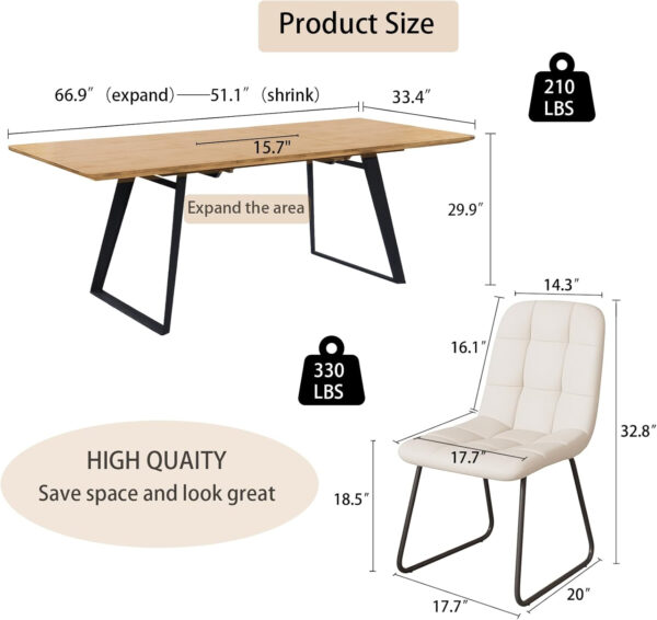 ZckyCine 67" Modern Rectangular Wooden Dining Table Set with 6 Brown Leather Chairs - Expandable, Space-Saving, Multifunctional