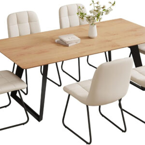 ZckyCine 67" Modern Rectangular Wooden Dining Table Set with 6 Brown Leather Chairs - Expandable, Space-Saving, Multifunctional