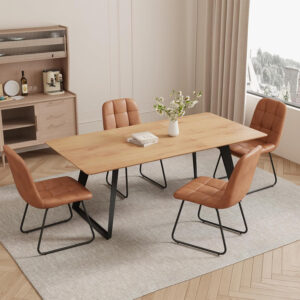 ZckyCine 67" Modern Rectangular Wooden Dining Table Set with 6 Brown Leather Chairs - Expandable, Space-Saving, Multifunctional
