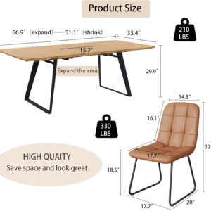 ZckyCine 67" Modern Rectangular Wooden Dining Table Set with 6 Brown Leather Chairs - Expandable, Space-Saving, Multifunctional