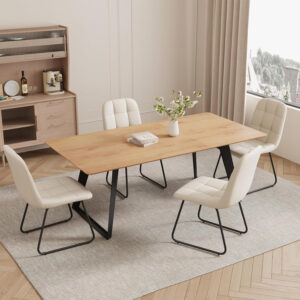 ZckyCine 67" Modern Rectangular Wooden Dining Table Set with 6 Brown Leather Chairs - Expandable, Space-Saving, Multifunctional