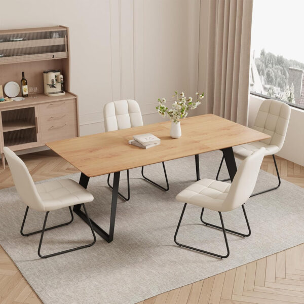 ZckyCine 67" Modern Rectangular Wooden Dining Table Set with 6 Brown Leather Chairs - Expandable, Space-Saving, Multifunctional
