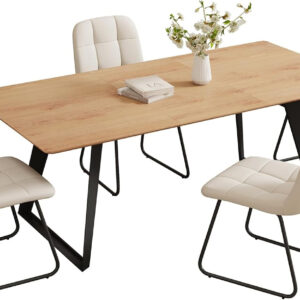 ZckyCine 67" Modern Rectangular Wooden Dining Table Set with 6 Brown Leather Chairs - Expandable, Space-Saving, Multifunctional