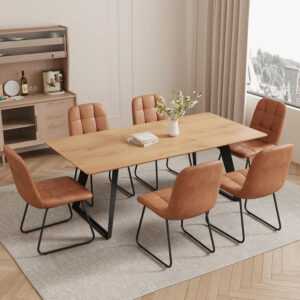 ZckyCine 67" Modern Rectangular Wooden Dining Table Set with 6 Brown Leather Chairs - Expandable, Space-Saving, Multifunctional