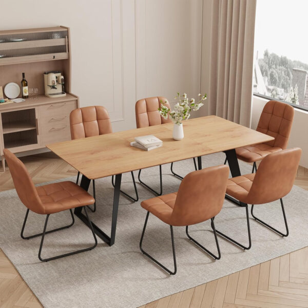ZckyCine 67" Modern Rectangular Wooden Dining Table Set with 6 Brown Leather Chairs - Expandable, Space-Saving, Multifunctional