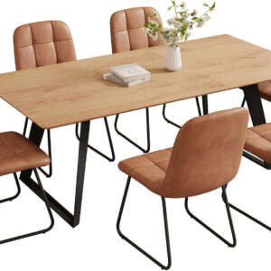 ZckyCine 67" Modern Rectangular Wooden Dining Table Set with 6 Brown Leather Chairs - Expandable, Space-Saving, Multifunctional
