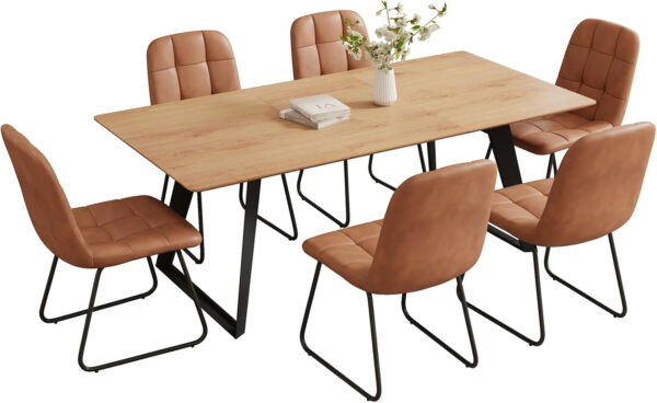 ZckyCine 67" Modern Rectangular Wooden Dining Table Set with 6 Brown Leather Chairs - Expandable, Space-Saving, Multifunctional