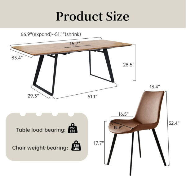 ZckyCine 67" Modern Rectangular Wooden Dining Table Set with 6 Brown Leather Chairs - Expandable, Space-Saving, Multifunctional