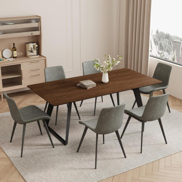 ZckyCine 67" Modern Rectangular Wooden Dining Table Set with 6 Brown Leather Chairs - Expandable, Space-Saving, Multifunctional