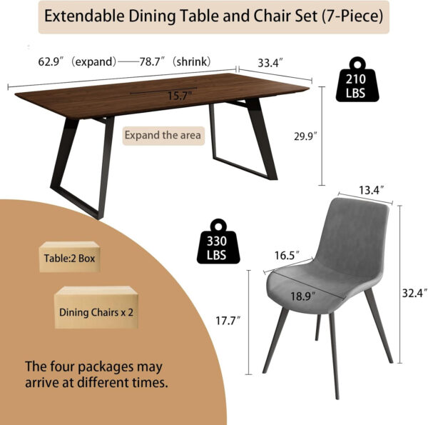 ZckyCine 67" Modern Rectangular Wooden Dining Table Set with 6 Brown Leather Chairs - Expandable, Space-Saving, Multifunctional