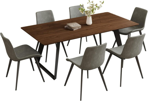 ZckyCine 67" Modern Rectangular Wooden Dining Table Set with 6 Brown Leather Chairs - Expandable, Space-Saving, Multifunctional