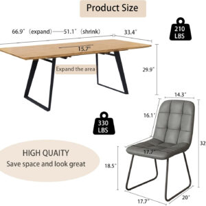 ZckyCine 67" Modern Rectangular Wooden Dining Table Set with 6 Brown Leather Chairs - Expandable, Space-Saving, Multifunctional