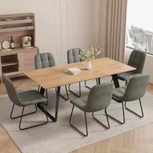ZckyCine 67" Modern Rectangular Wooden Dining Table Set with 6 Brown Leather Chairs - Expandable, Space-Saving, Multifunctional