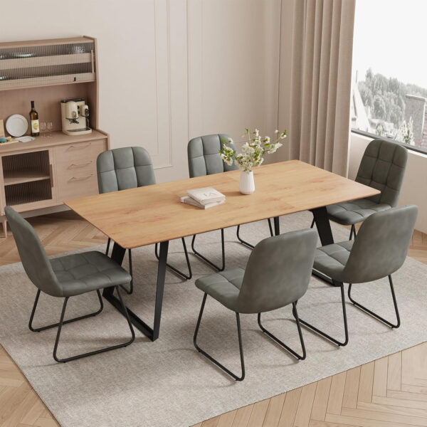 ZckyCine 67" Modern Rectangular Wooden Dining Table Set with 6 Brown Leather Chairs - Expandable, Space-Saving, Multifunctional