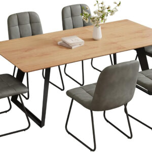 ZckyCine 67" Modern Rectangular Wooden Dining Table Set with 6 Brown Leather Chairs - Expandable, Space-Saving, Multifunctional