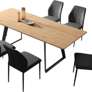 ZckyCine 67" Modern Rectangular Wooden Dining Table Set with 6 Brown Leather Chairs - Expandable, Space-Saving, Multifunctional