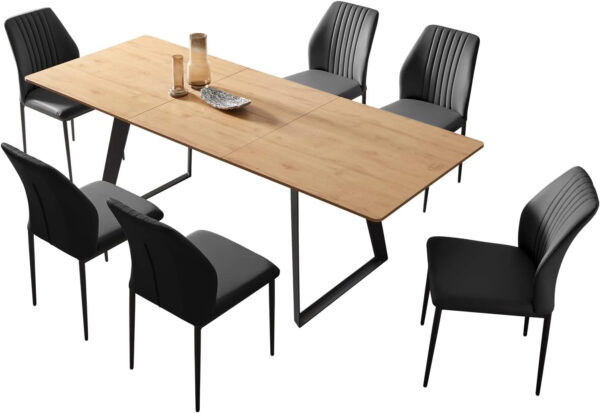 ZckyCine 67" Modern Rectangular Wooden Dining Table Set with 6 Brown Leather Chairs - Expandable, Space-Saving, Multifunctional