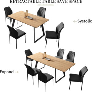 ZckyCine 67" Modern Rectangular Wooden Dining Table Set with 6 Brown Leather Chairs - Expandable, Space-Saving, Multifunctional
