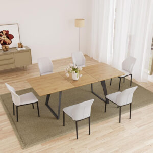 ZckyCine 67" Modern Rectangular Wooden Dining Table Set with 6 Brown Leather Chairs - Expandable, Space-Saving, Multifunctional