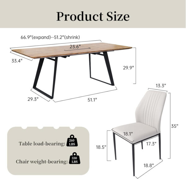 ZckyCine 67" Modern Rectangular Wooden Dining Table Set with 6 Brown Leather Chairs - Expandable, Space-Saving, Multifunctional